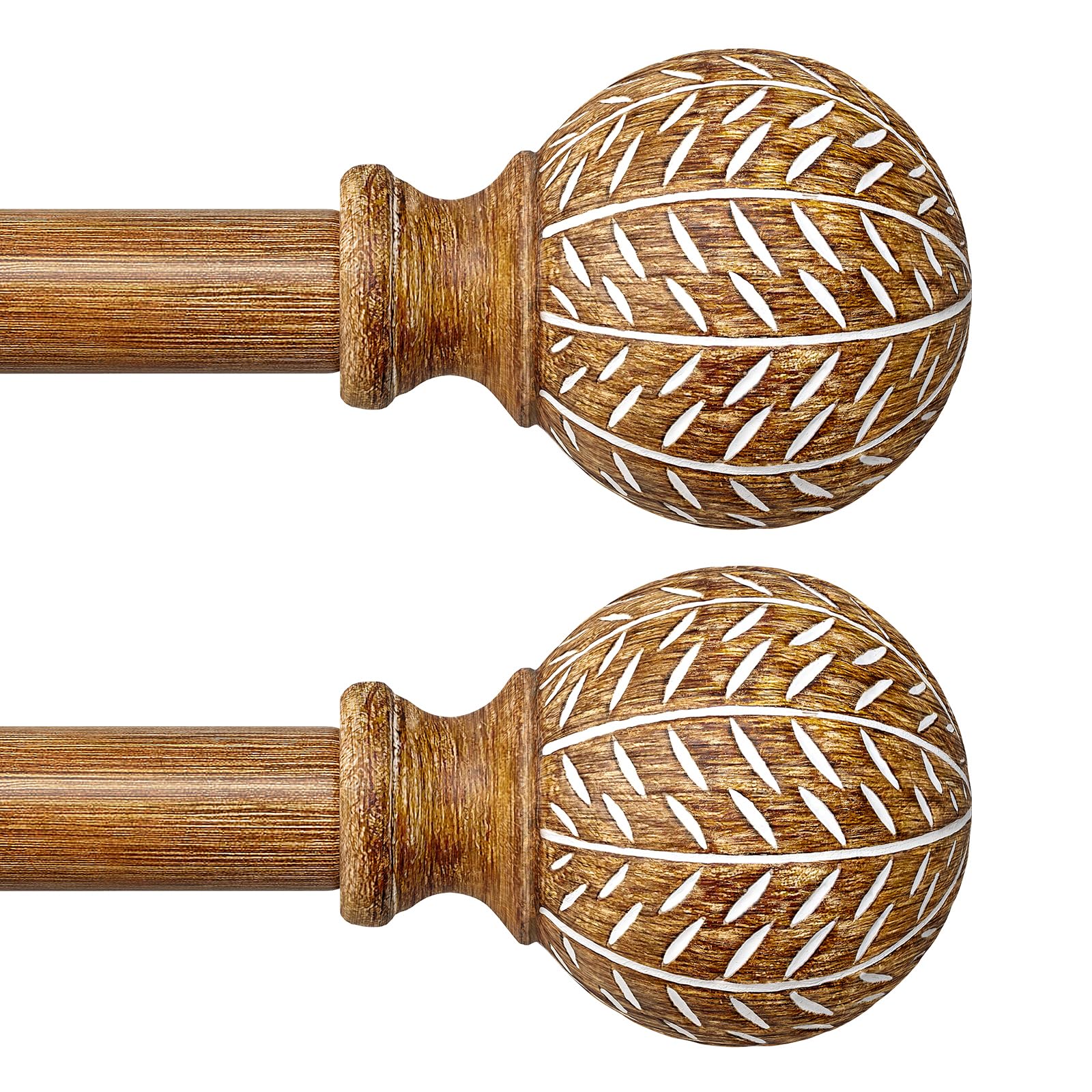 Photo 1 of ****Partial set***

QDWIS 2 Pack Wood Curtain Rods for Windows,1'' Diameter Drapery Rods with Imitation Wood Grain Leaf Pattern Finials,Boho Adjustable Heavy Duty Curtain Rods Set,18-45'',Color:Natural Wood