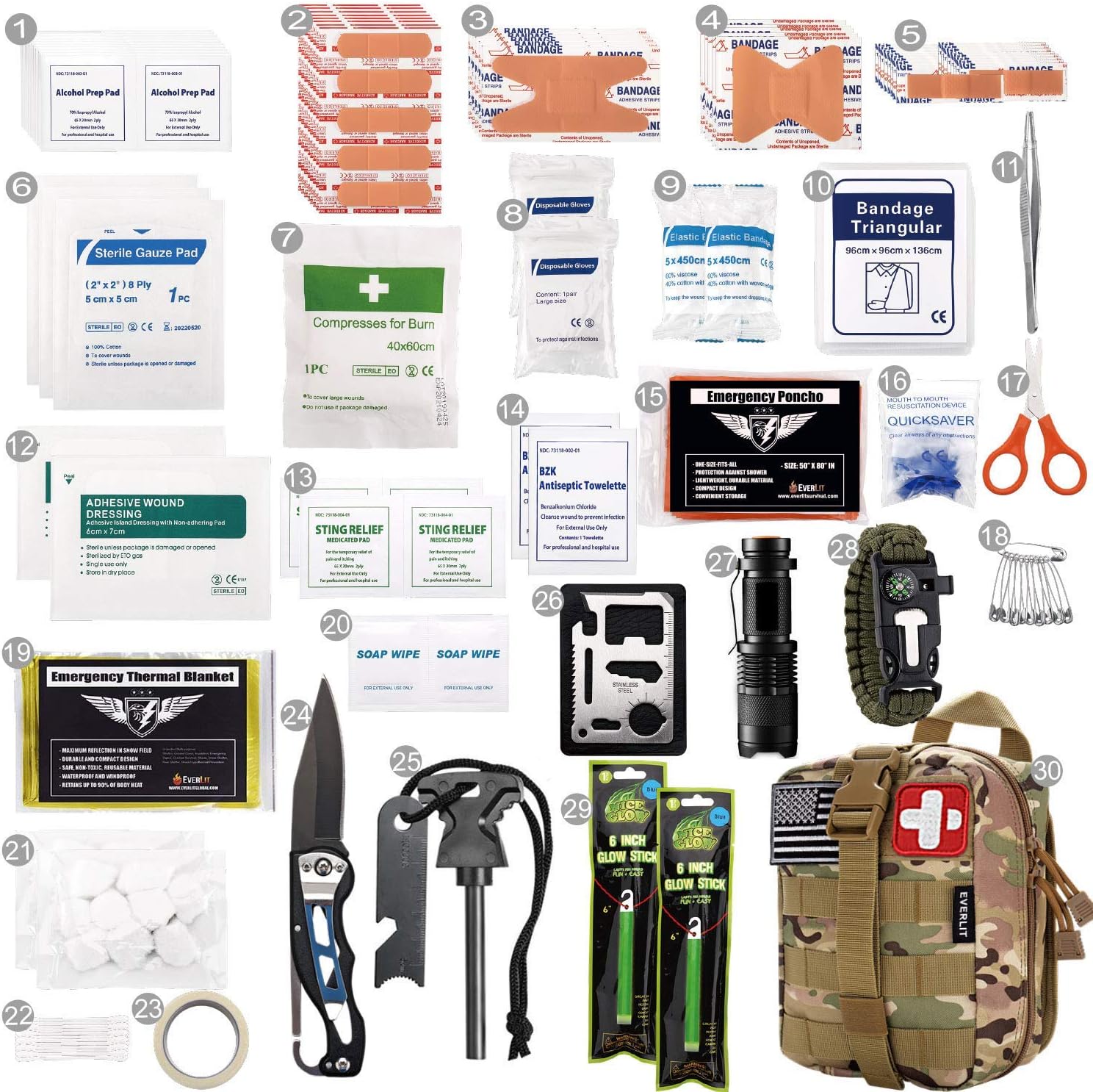 EVERLIT 250 Pieces Survival First Aid Kit IFAK Molle System Compatible Outdoor Gear Emergency Kits Trauma Bag for Camping Boat Hunting Hiking Home Car Earthquake and Adventures (CP Camo) : Sports & Outdoors