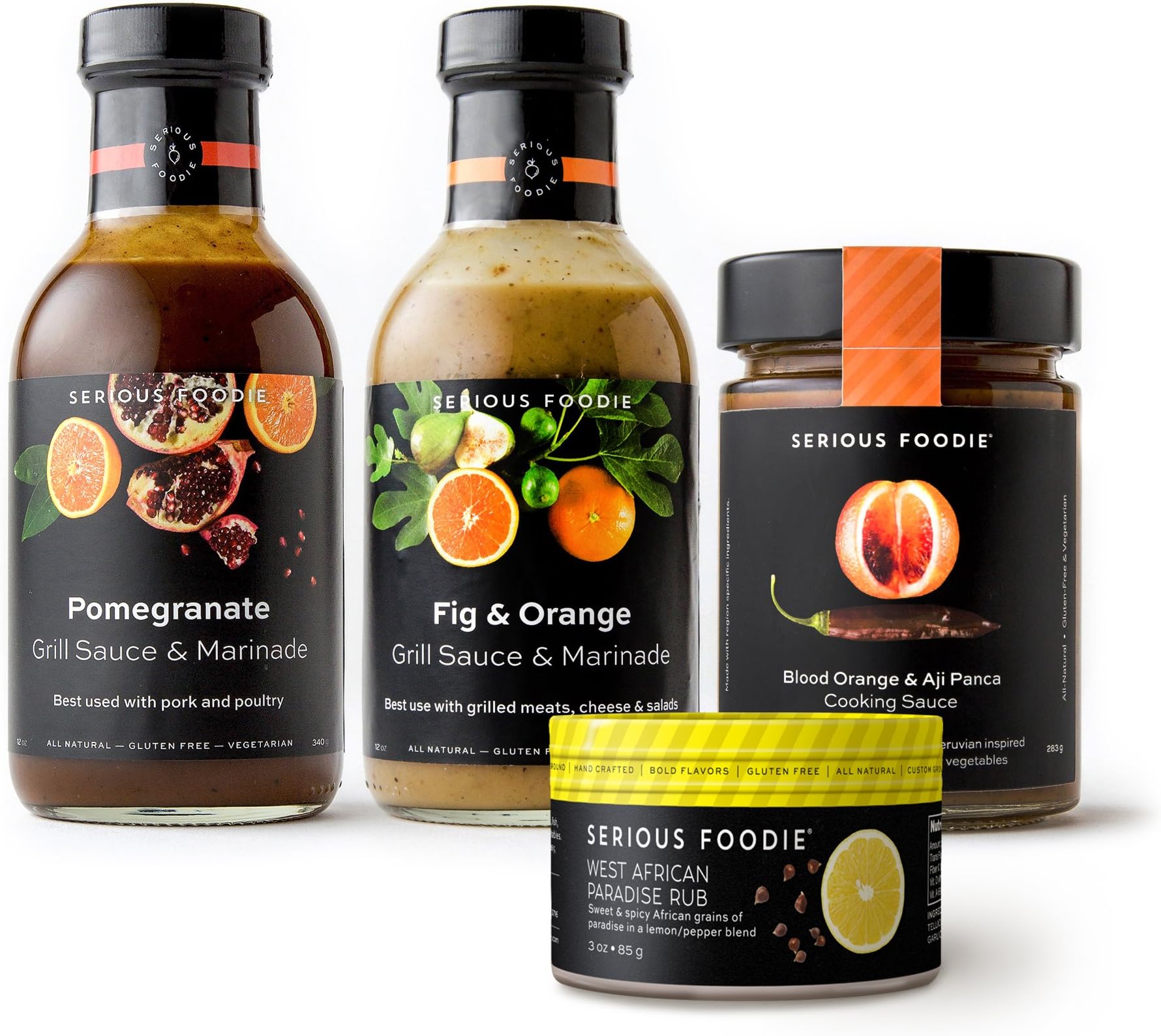 Serious Foodie Grilling and Braising Party Collection - 3 Bold Sauces and 1 Spice Blend. All Natural Vegan Soy-free and a Bit Spicy. A great gourmet gift for foodies