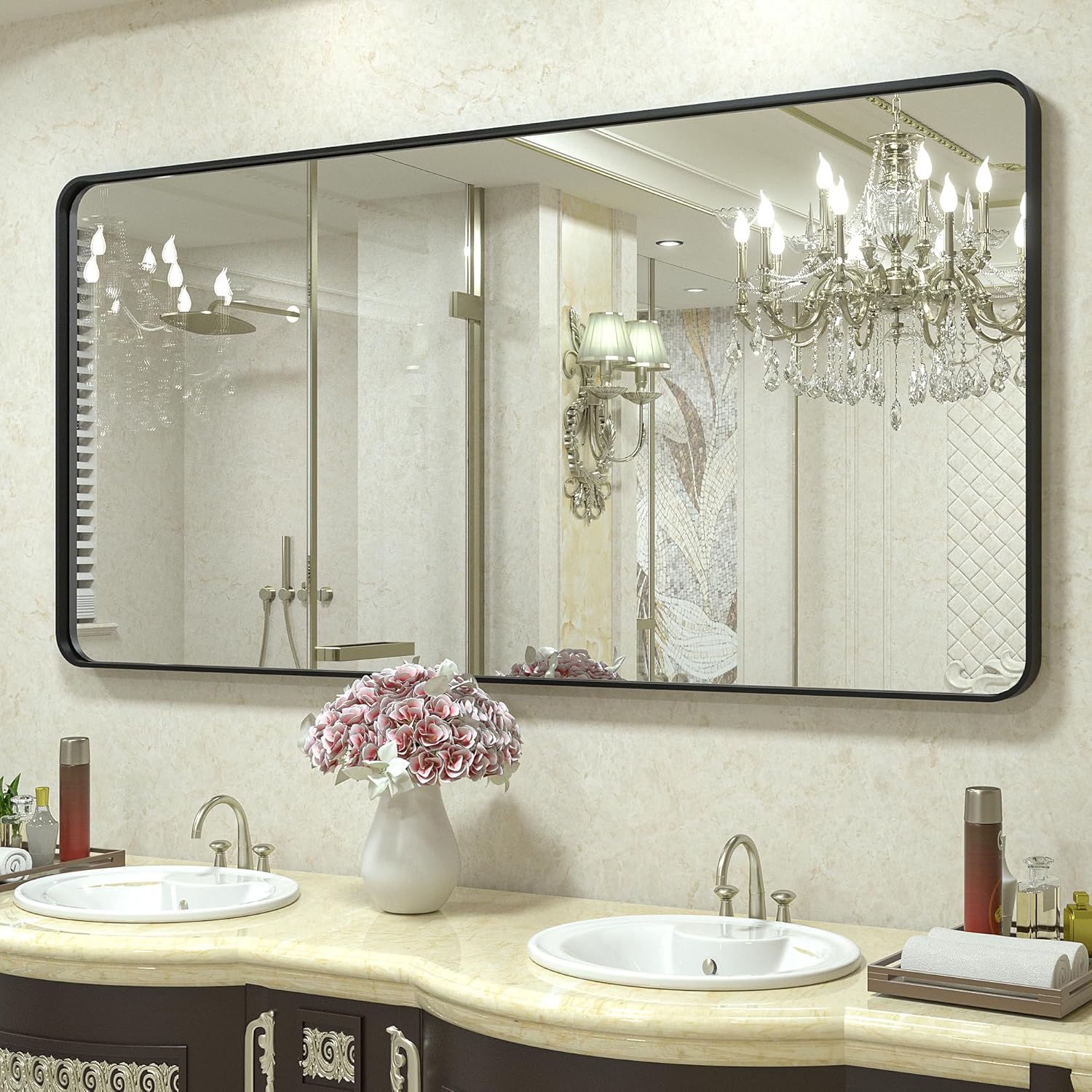 Mirrors - CHARMOR 60X30 Black Framed Bathroom Mirror for Wall, Black Metal Bathroom Vanity Mirror, Modern Rectangle Mirror, Rounded Corner, Shatterproof, Anti-Rust (Horizontal/Vertical)