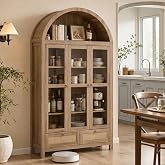 TYBOATLE 75'' Arched Cabinet Classic Farmhouse Design w/Three Glass Doors, Arch Cabinet w/Rattan Drawers and Anti-Tipping Device, Versatile Cupboard for Kitchen, Bathroom, Natural