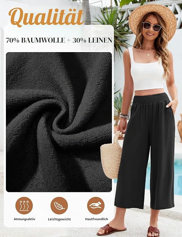 Damen Leinenhose Sommer 3/4 Culotte Hose Leichte Weite Casual Baumwolle Freizeithose Elegant Sommerhose Elastische Taille Stoffhose Loose Fit Strandhose mit Taschen (Schwarz, S)