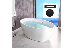 WOODBRIDGE 55" Acrylic Freestanding Bathtub Contemporary Soaking White Tub with Matte Black Overflow and Drain，BTA1418-MB