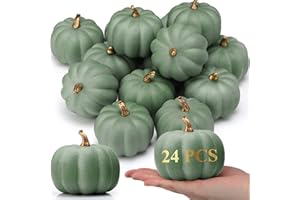 Liliful 24 Pack 4 Inch Fall Harvest Green Artificial Pumpkins Crafts Rustic Decorative Pumpkin Foam Pumpkins Decoration for Halloween Thanksgiving Wedding Dining Table Centerpiece Decorating