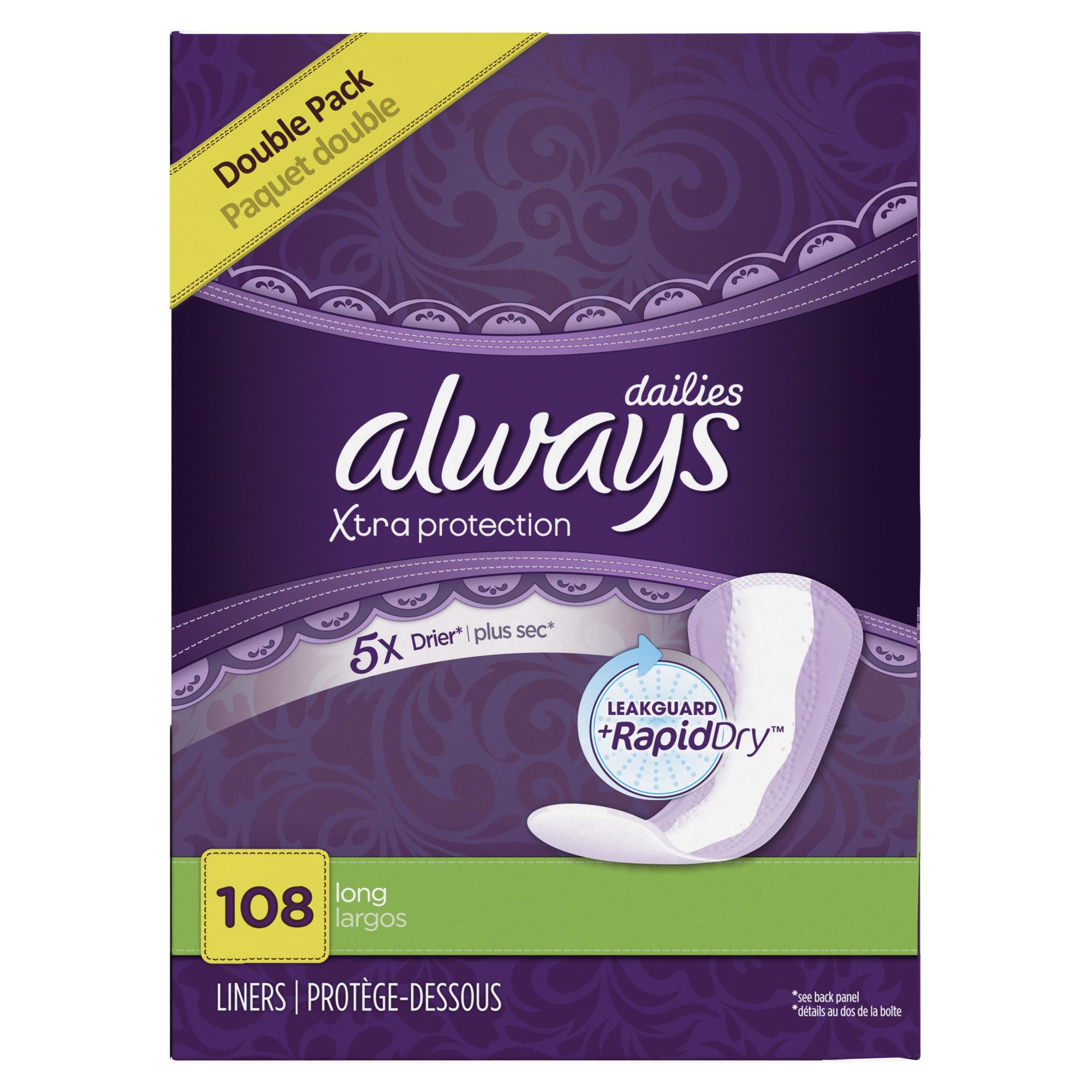 Always Xtra Protection Long Daily Liners Unscented 108 Count (885336990504)