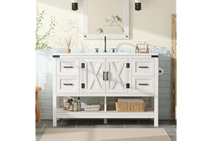 Jocisland 48” Farmhouse Bathroom Vanity with Sink, Freestanding Cabinet with 4 Drawers, Double Barn Doors & Open Shelf, Rusti