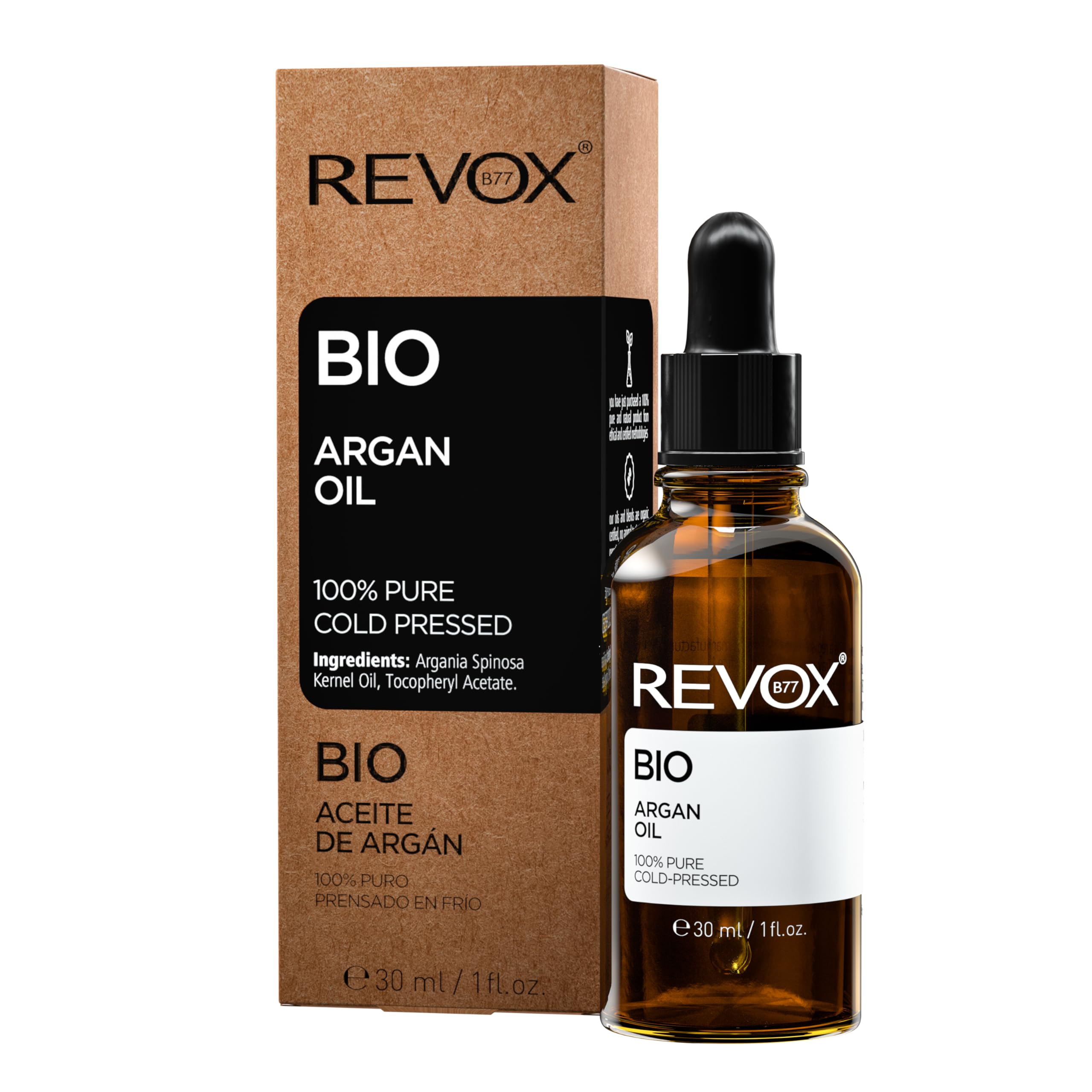 REVOX B77 - BIO Argan Oil 100% Pure, 30 ml, 100% Pure Argan Oil, for Skin and Hair, Moisturizes, Nourishes and Soothes the Skin, Softens and Improves Elasticity, Non-Greasy and Fast Absorbing