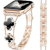MOINSPIRE Rose Gold Bling Diamond Clover Bands Women Compatible with Apple Watch 42mm(S3/2/1) 44/45/46/49mm Lucky Sparkle Dressy Bracelet Metal Strap for iWatch Series 11/10/9/8/7/6/5/4/SE/Ultra 3/2/1