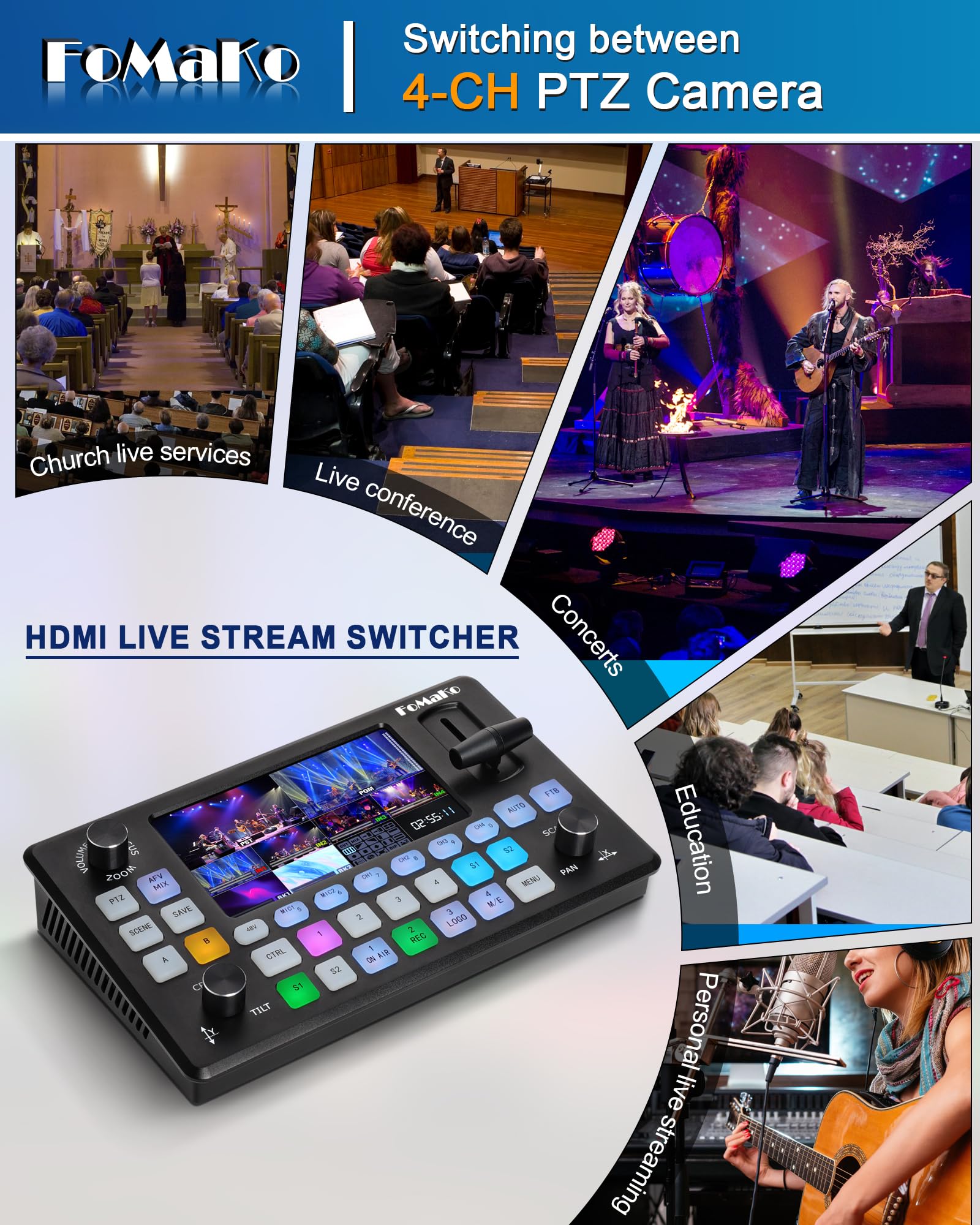 FoMaKo 5.5 Inch FHD LCD Screen 4-Channel HDMI Live Streaming Switcher 1080p 60FPS USB Video Recording USB3.0 HDMI Video Switcher (Does not Support 4K) KC601 Pro