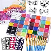 VESPRO Professional Face Body Paint Kit,42 Colors Oil Face&Body Paint Kit (26 Classic Colors+10 Metal Colors +6 UV Glow Colors) with 10 Size Brushes 4PCS Reusable Large Face Stencils and 4PCS Small Paint Stencils for Kids’ and Adults’ Halloween Makeup