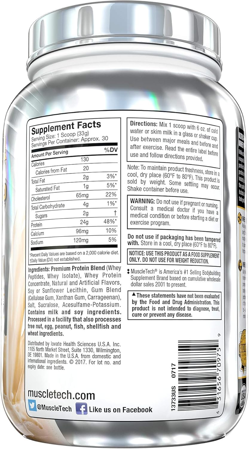 MuscleTech Premium Gold 100% Whey Protein Powder, Whey Protein Isolate & Peptides Shake for Men and Women, 24 Grams of Protein, 5.5g BCAAs, Easy to Mix, Double Rich Chocolate, 2.2 Pounds (30 Servings): Health & Personal Care