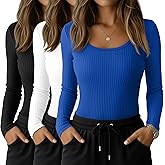Sweetyweee 3 Pack Women's Long Sleeve Underscrub Shirts Cotton Scoop Neck Ribbed Scrub Tops Slim Fit Casual Basic Undershirts