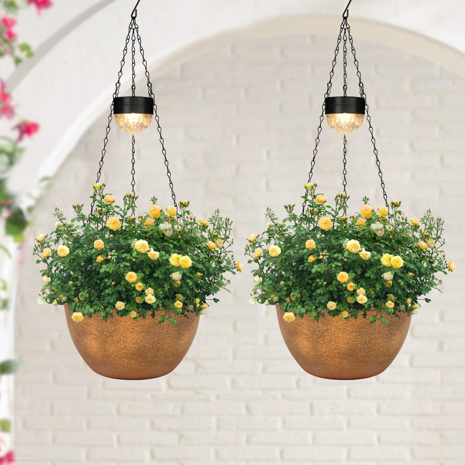 Photo 1 of 2 Packs Hanging Planters Basket for Outdoor Plants, Solar Powered Self Watering Bronze Round Plastic Flower Pots with Drainer for Balcony Patio Garden Outdoor Decoration