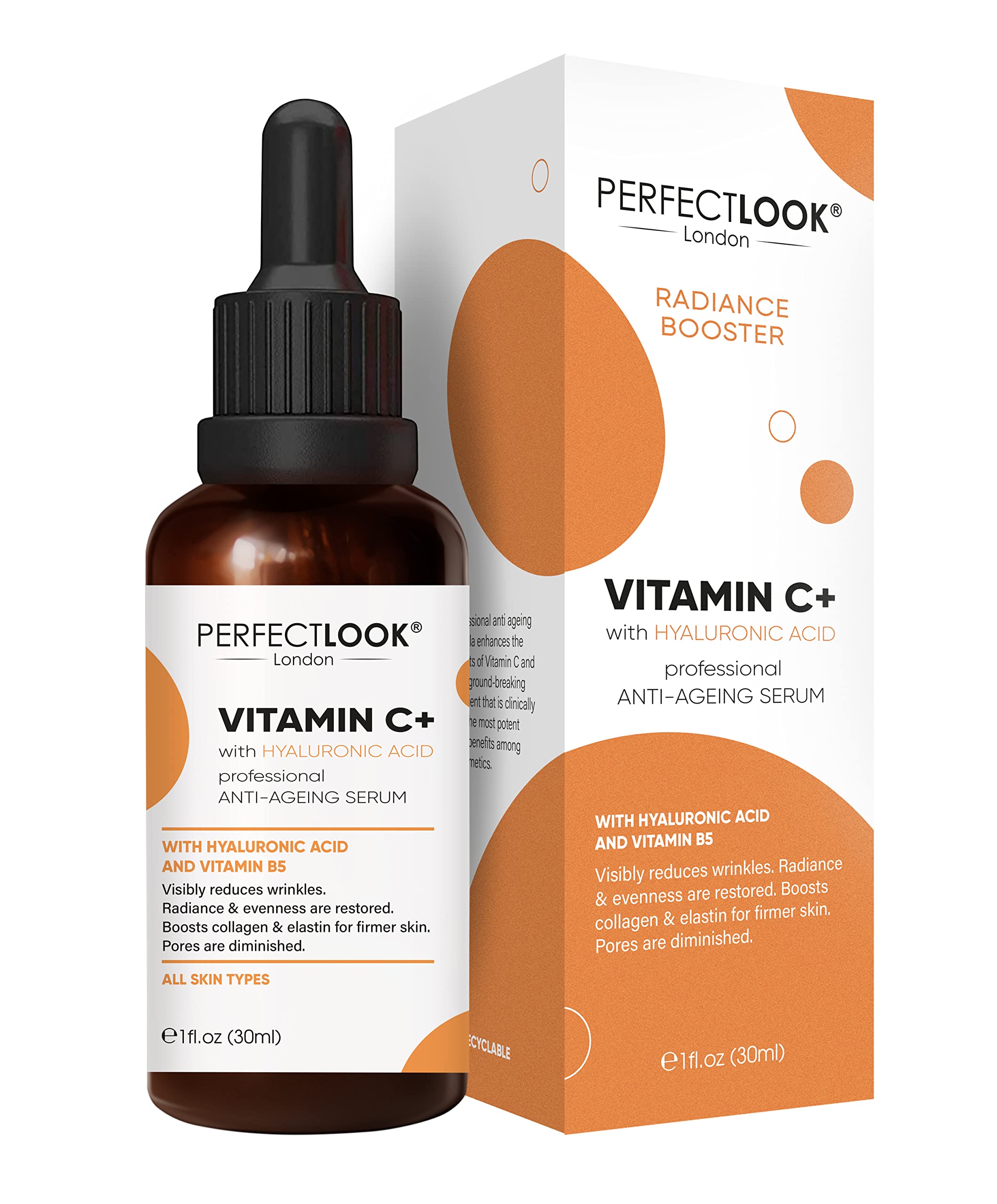 Perfect Look London Vitamin C & Hyaluronic Acid Face Serum – 12% Vitamin C Brightening Serum for Dark Spots & Uneven Skin Tone – Hydrating Anti-Ageing with B5 & Vitamin E (30ml)