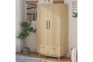 Mxtxmy Armoire Wardrobe Closet with 2 Fluted Doors,64.96" Wooden Clothes Storage Cabinet with Hanging Rod and Shelf Storage (Natural)