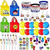 Sumind 228 Pcs Train Party Favors Birthday Decoration Non Woven Goodie Bags Plastic Straws Punch Balloons Stamps Stickers Silicone Wristbands for Train themed Birthday Party Supplies