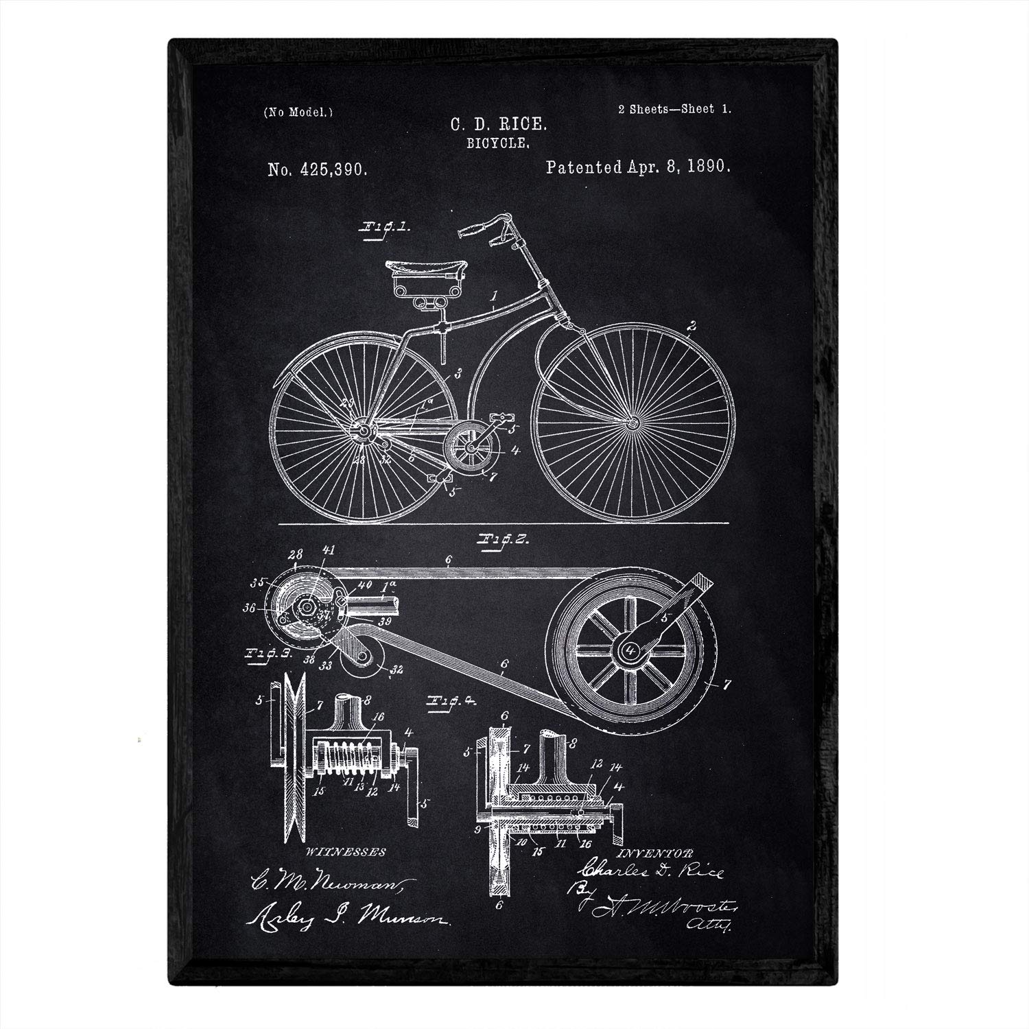 Nacnic Bicycle Poster patent. Sheet with old design patent A3 size with black background