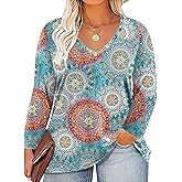 ROSRISS Plus Size Tops for Women Long Sleeve Tees V Neck Tunics Solid Color Blouse T Shirts