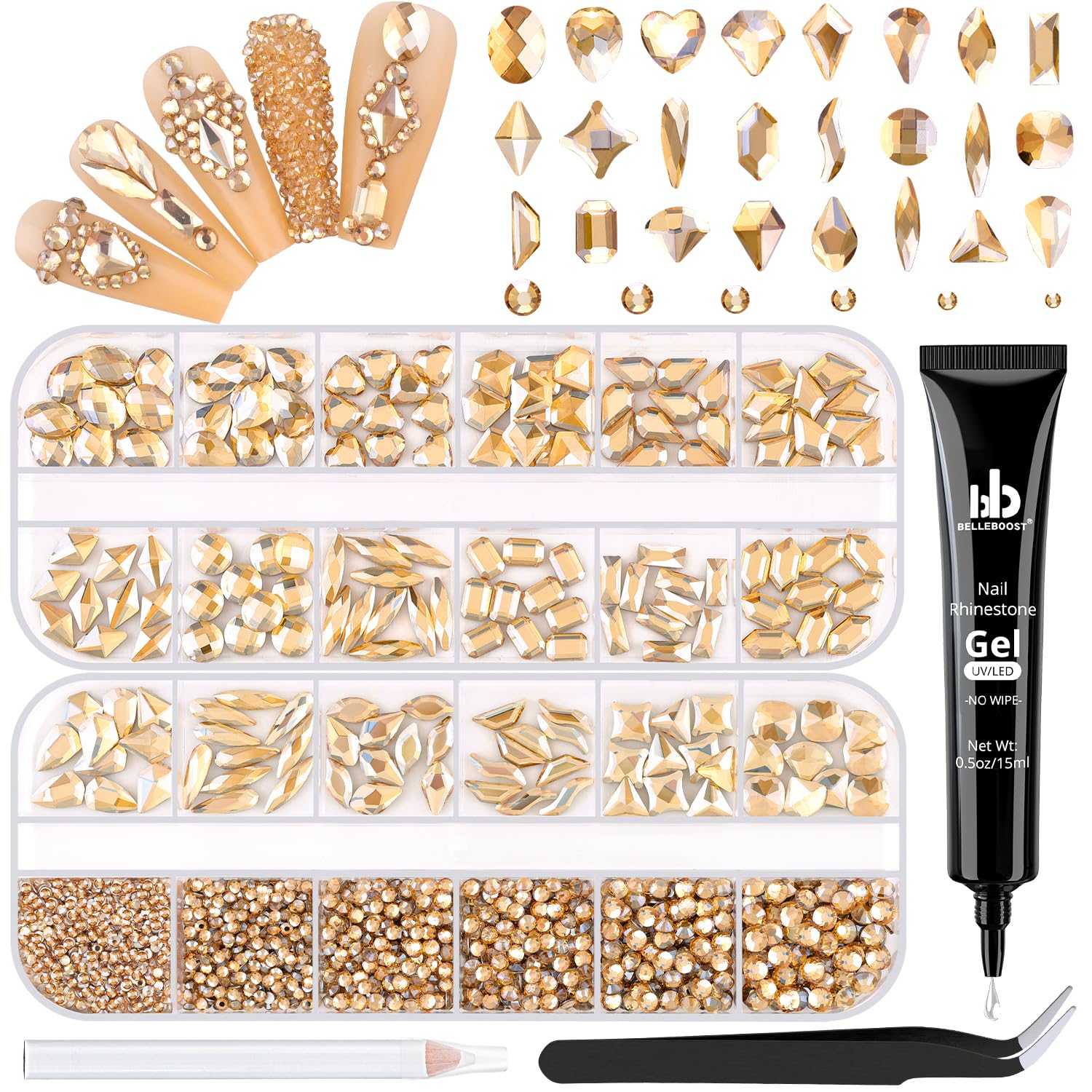 1680Pcs Champagne Gold Glass Nail Rhinestones