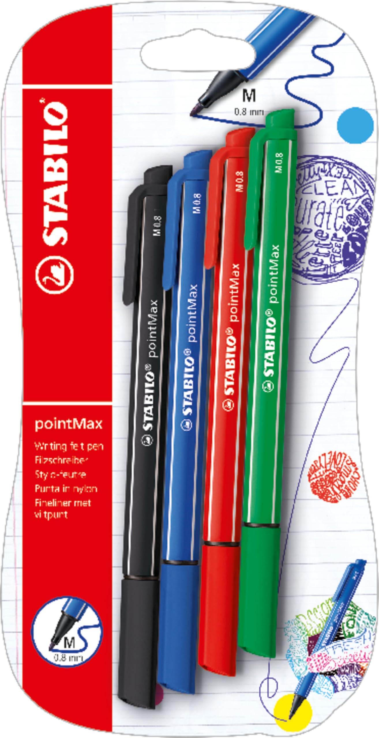 STABILO pointMax - Nylon-Tip Sign Pen - Pack of 4 - Ultramarine, Black, Carmine, Green