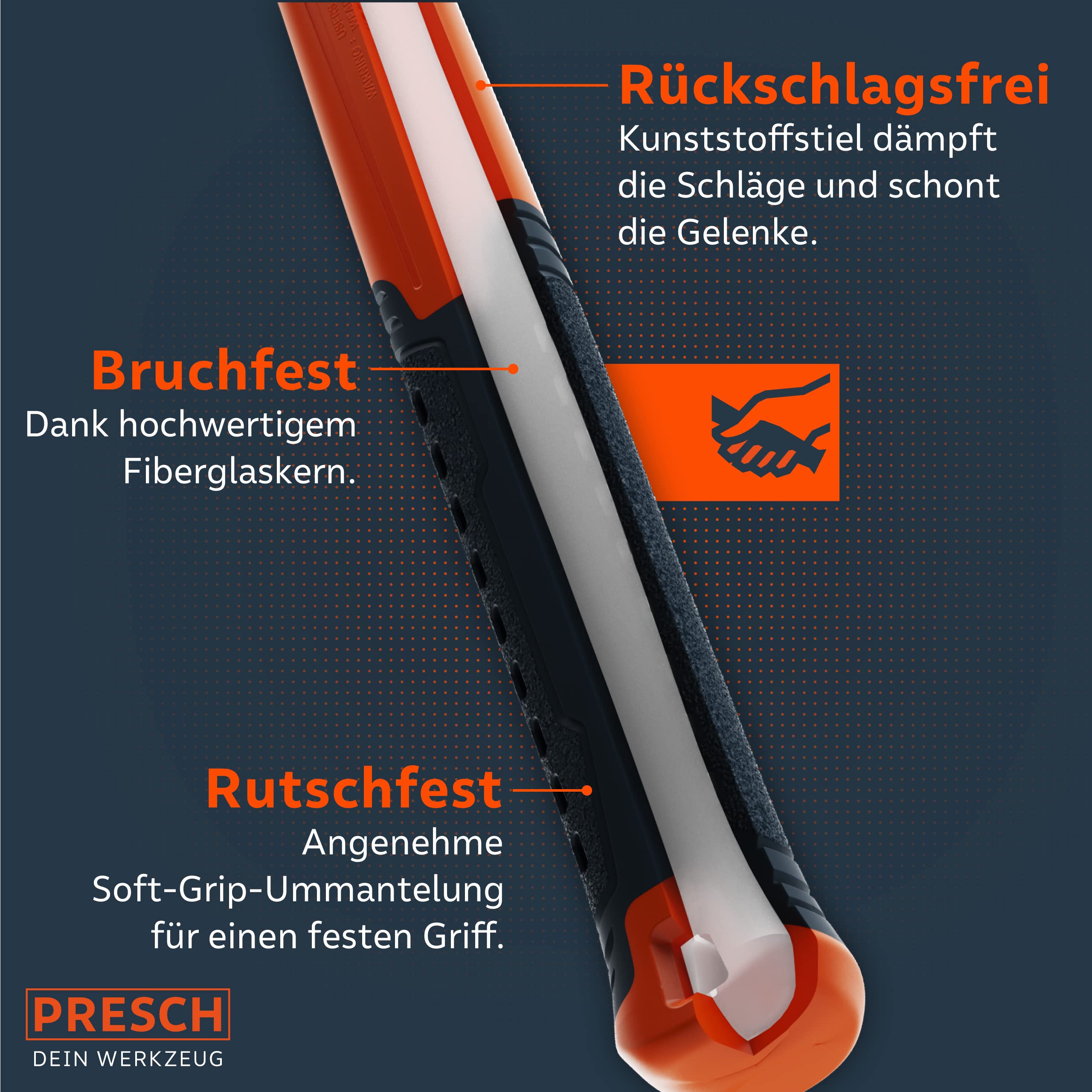 PRESCH Gummihammer Schwarz 450g - Hartgummihammer mit Fiberglasstiel | ⌀=55mm - Schwarzer Naturkautschuk für Outdoor - Langlebiger Schonhammer für Outdoor, Camping, Steine uvm. 7