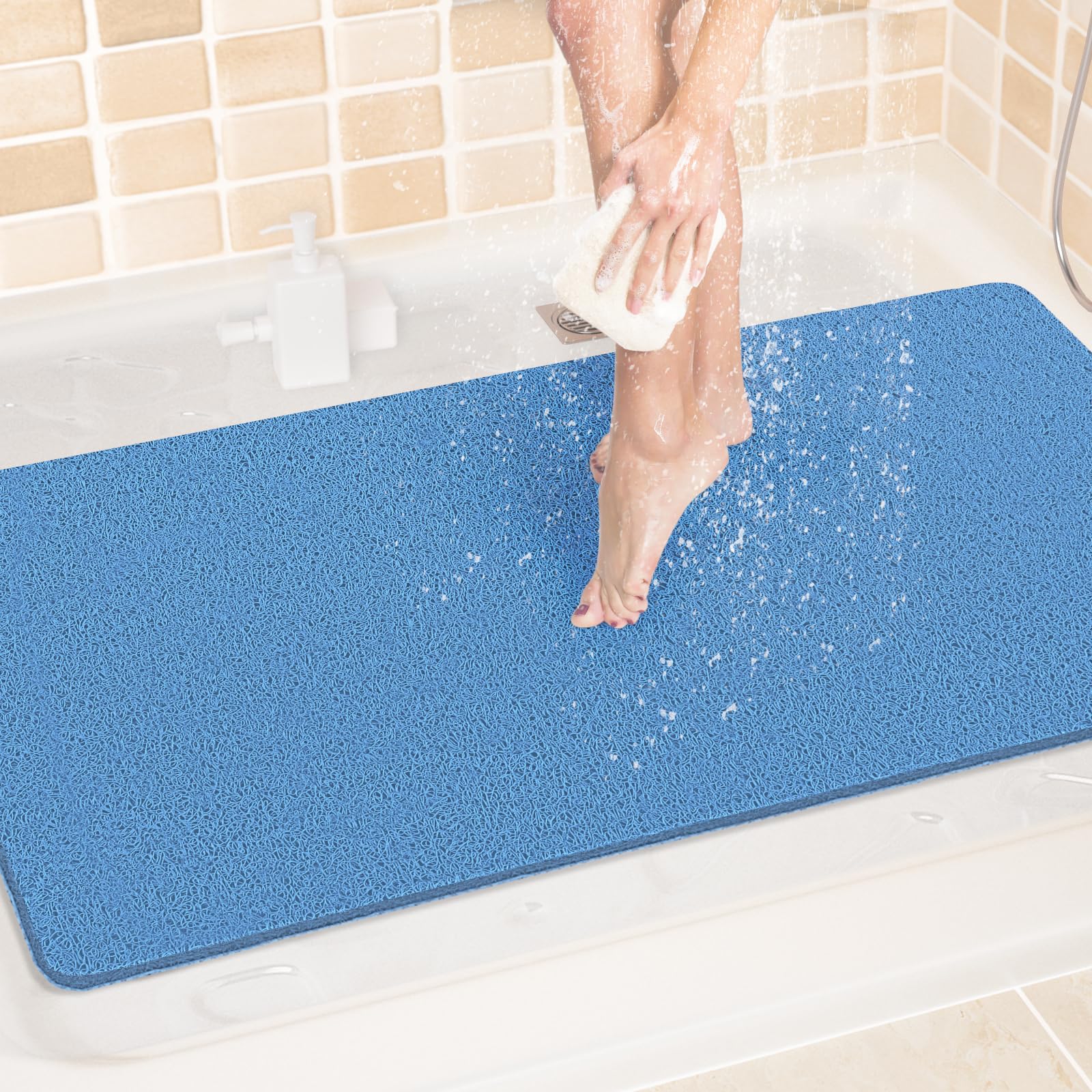 LuxStep Shower Mat Bathtub Mat,40x24 inch, Non-Slip Bath Mat with Drain, Quick Drying PVC Loofah Bathmat for Tub,Shower,Bathroom,Lake Blue Image LuxStep Shower Mat Bathtub Mat,40x24 inch, Non-Slip Bath Mat with Drain, Quick Drying PVC Loofah Bathmat for Tub,Shower,Bathroom,Lake Blue Image