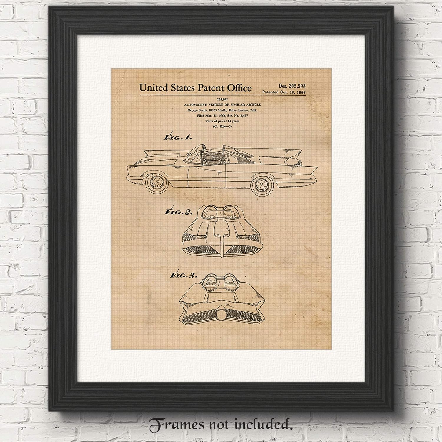 Vintage Batmobile Patent Art Poster Prints, Set of 1 (11x14) Unframed Photo, Wall Decor Gifts Under 15 for Men, Home, Office, Garage, Man Cave, College Student, Teacher, Comic-Con & Batman Movies Fan