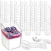 Okllen 100 Pack 3 Oz Mini Dessert Cups with Spoons, Clear Slanted Square Dessert Tumbler Thick Plastic Shot Glasses, Appetize