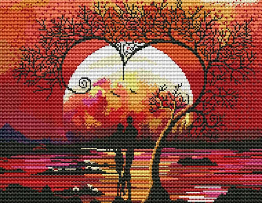 Abillyn Couple in Love Tree Romantic Sunset Stamped Cross Stitch Kit with Pattern Print (Love Tree)
