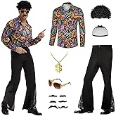 KDAFJLKD 6 Pcs 70s Disco Outfit Costume for Men Dance Bell Bottom Pants Retro Shirts Moustache Sunglasses Wigs Necklace