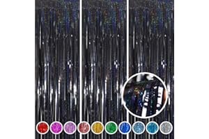 Foil Fringe Curtains Halloween Decor Indoor Party Decorations - Melsan 3 Pack 3.2 x 8.2 ft Black Tinsel Curtain Photo Backdrop for Birthday Decorations Retirement Party Decorations Black