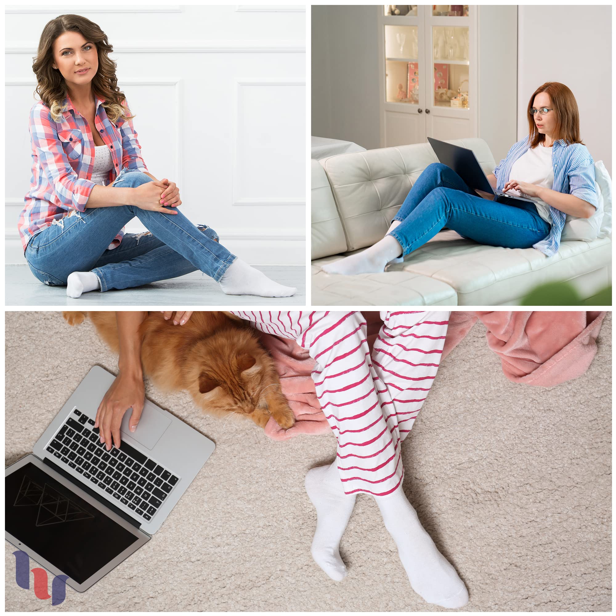 Hugh Ugoli Women's Cotton Diabetic Crew Socks, Wide, Thin, Loose Fit and Stretchy, Seamless Toe & Non-Binding Top, 4 Pairs