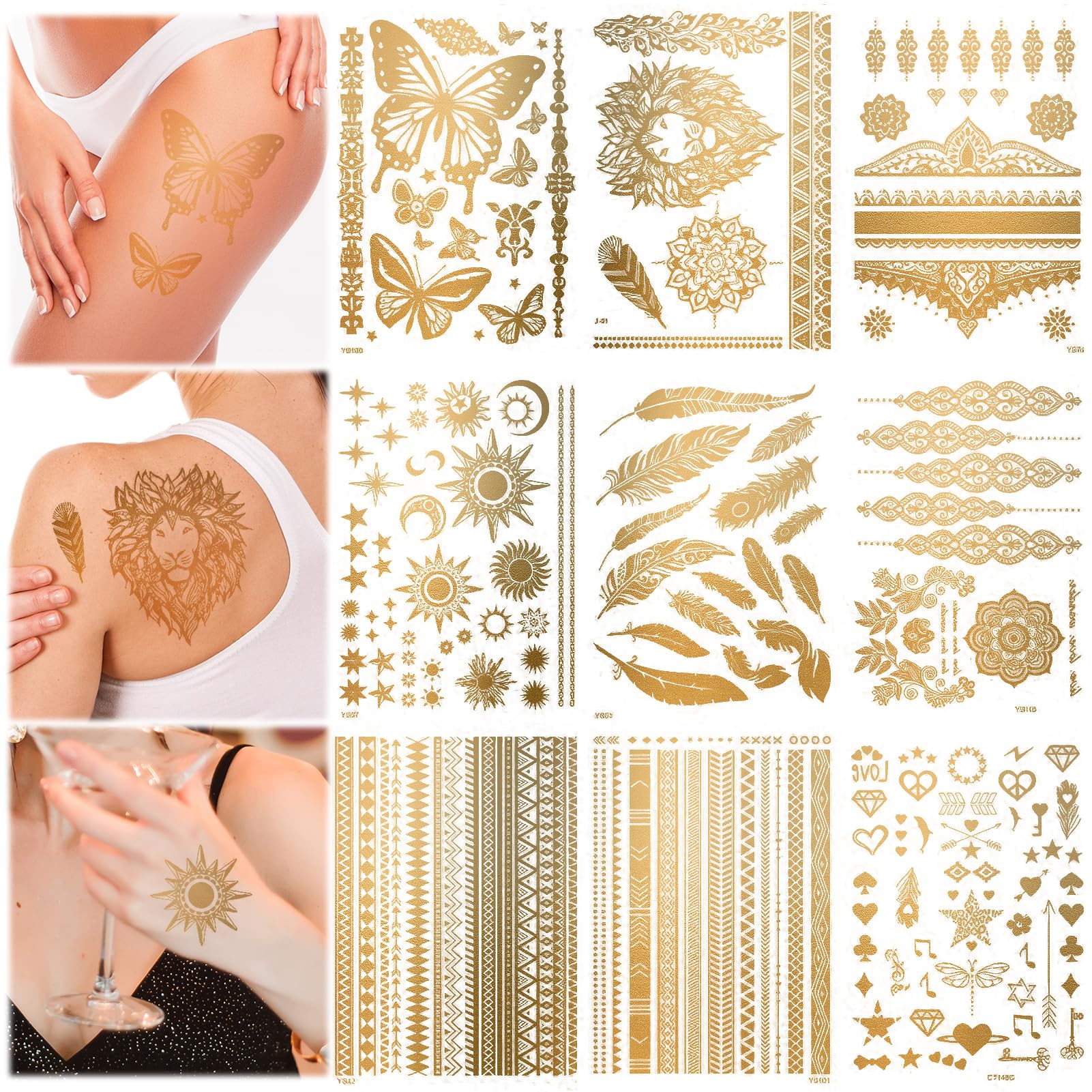 9 Sheets Gold Temporary Tattoos 110+ Designs Flash Metallic Golden Festival Butterfly Glitter Fake Tattoos Sticker Look Real Last Long Unique Lace Beach Body Party Decoration Women Adult Girl