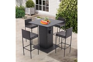 SoarFlash 5 Piece Rattan Patio Bar Set,Wicker Conversation Set Outdoor Furniture Set with Storage Shelf,4 High Stools,Dining Table for Poolside,Garden and Backyard,Brown