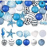 200 Pcs Ocean Theme Wood Beads for Crafts Colored Wooden Beads with Holes Blue Nautical Starfish Conch Seashell Round Spacer Crafts Kits Polished for DIY Art Summer Beach Party Decor