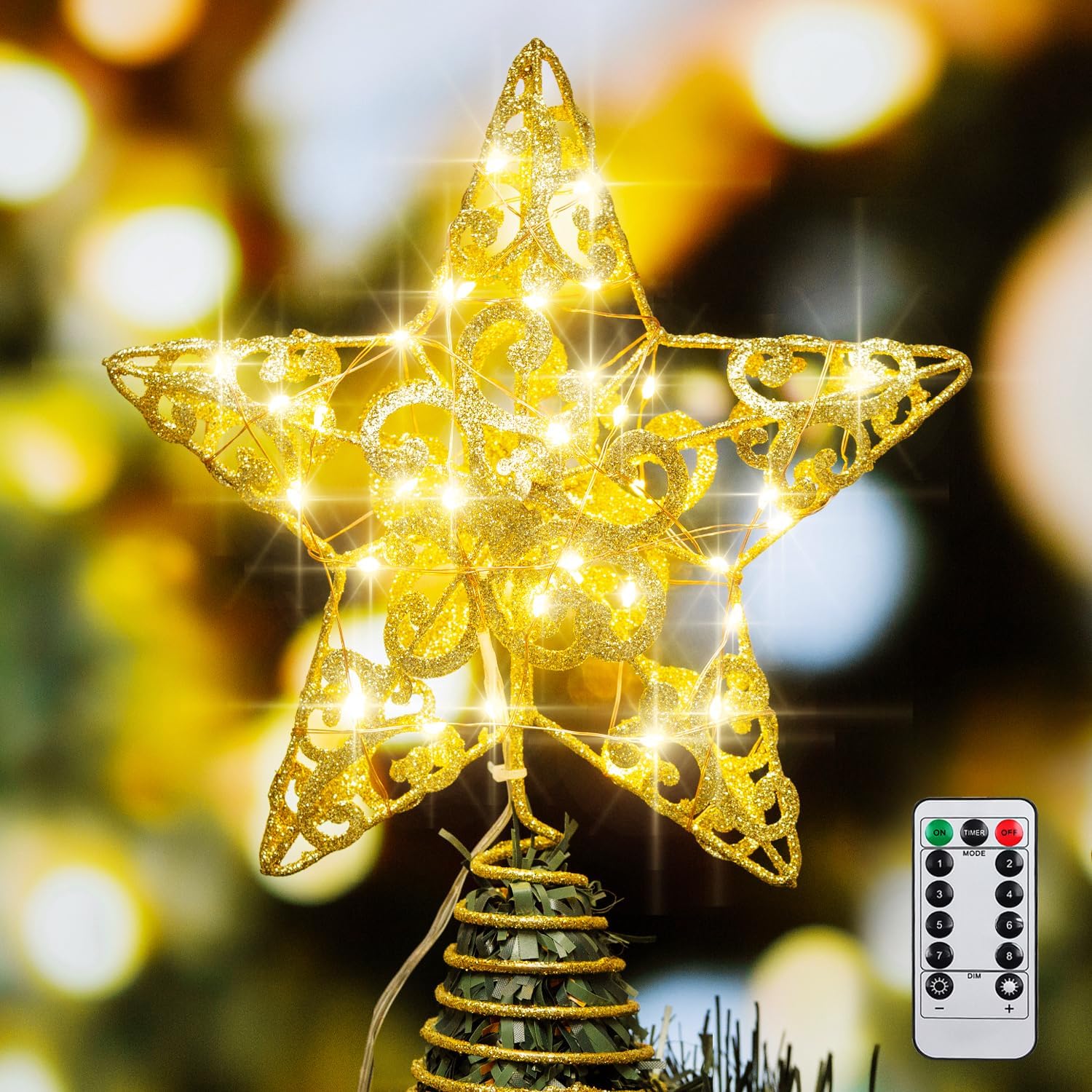 Tree Toppers - Qmioti Christmas Star Tree Topper, 40 LED Star Tree Topper with Remote Control 8 Mode Lighting Christmas Tree Decorations LED Light for Indoor Home Decor, Gold