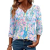 LUYAA 3/4 Length Sleeve Womens Tops Dressy Casual V-Neck Puff Sleeve Blouses Business Work Tunic Shirt S-XXL