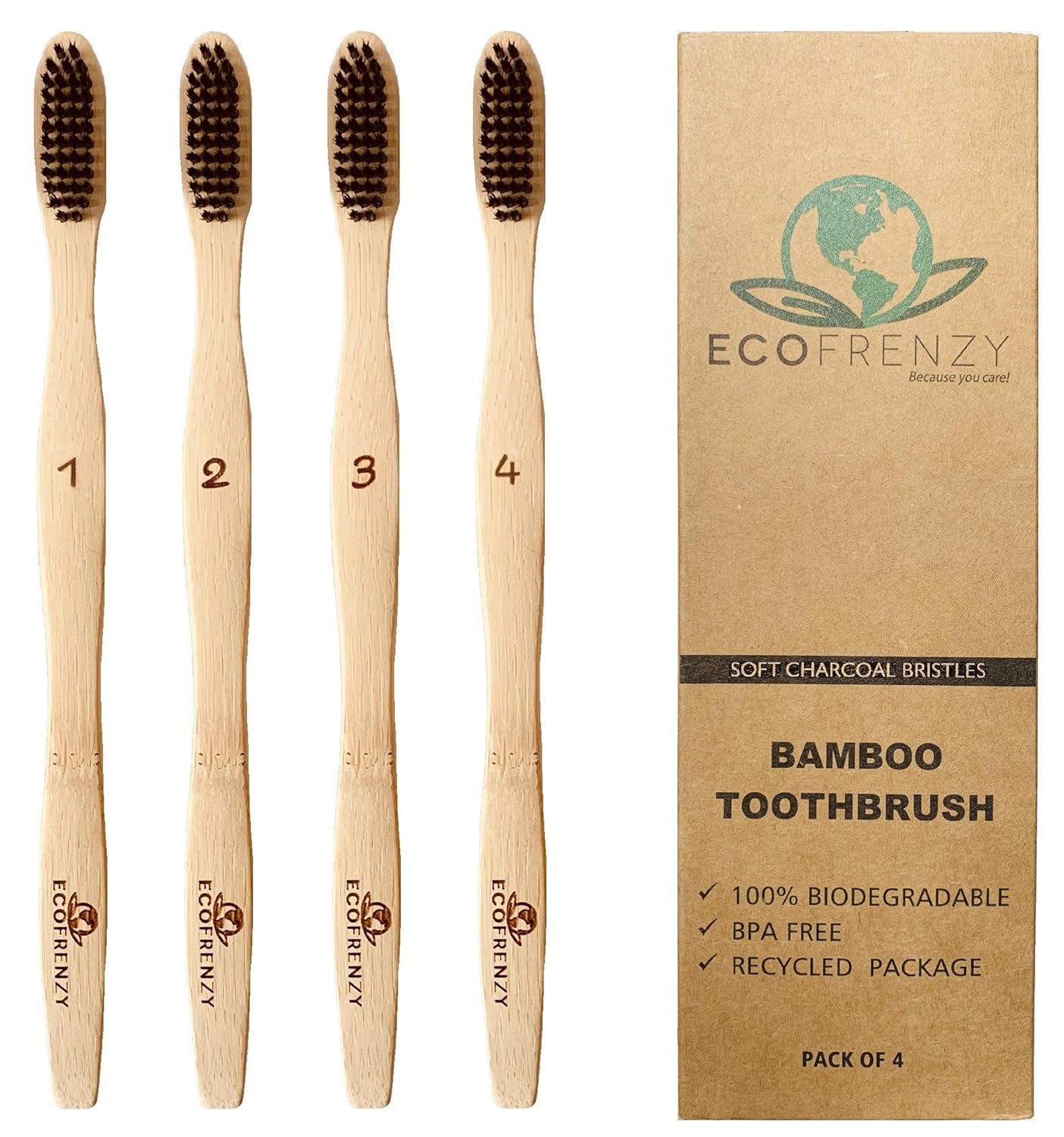 Ecofrenzy Bamboo Toothbrush Soft Bpa Free Charcoal Bristles Biodegradable Pack Of 4 - 