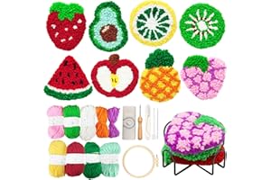 Soleeya Punch Needle Kits Adults Beginner 8 Pcs Punch Needle Coaster Kit Fruit Patterns Stitching Punch Embroidery Including Yarn Hoop Needle and Video Tutorials, Rug Tufting Coaster DIY Craft Gifts