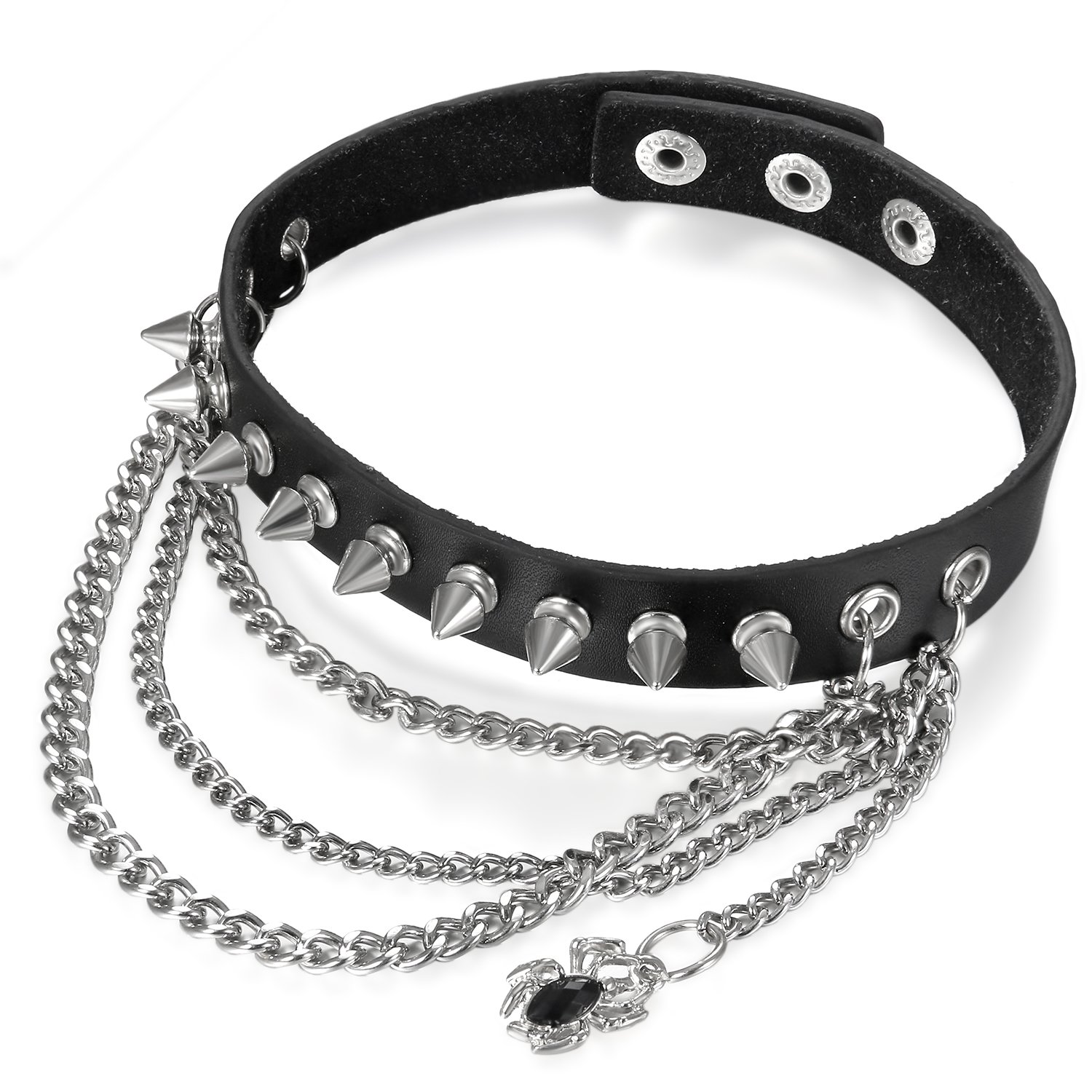Flongo Womens Girls Goth Spider Pendant Spiked Black Leather Rivet Link Choker Collar, Adjustable Neckband Necklace Halloween