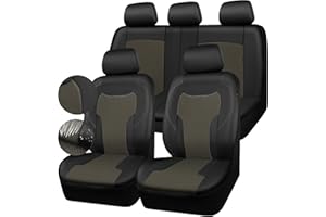 CAR-GRAND Outlets Leather Car Seat Covers Full Set, Airbag Compatible Breathable Air Mesh Car Seat Covers, Universal Fit Seat Covers Protector for Cars Trucks SUV Pick-up Sedan Interior (Black Beige)