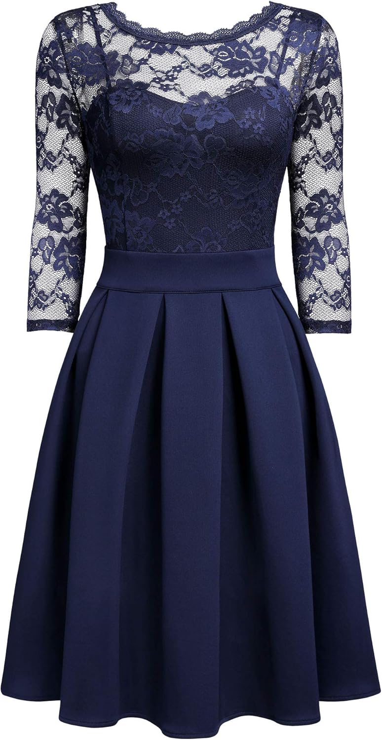 Miusol Women's Vintage Floral Lace 2/3 Sleeve Bridesmaid Party Dress: Clothing