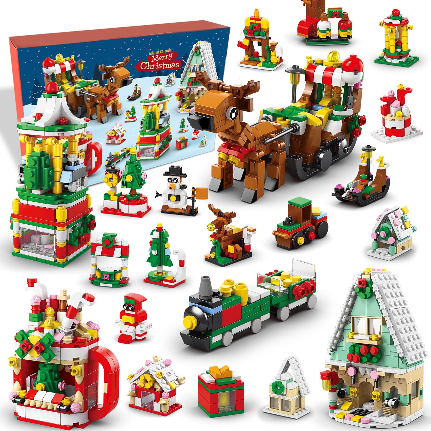 Christmas Advent Calendar, 24 Days Countdown Surprises for Kids Christmas Toys, Kids 6 in 1 Building Blocks, 1100 PCS Toy Playset Includes Santa Claus Christmas Tree Train House Party Boys Girls
