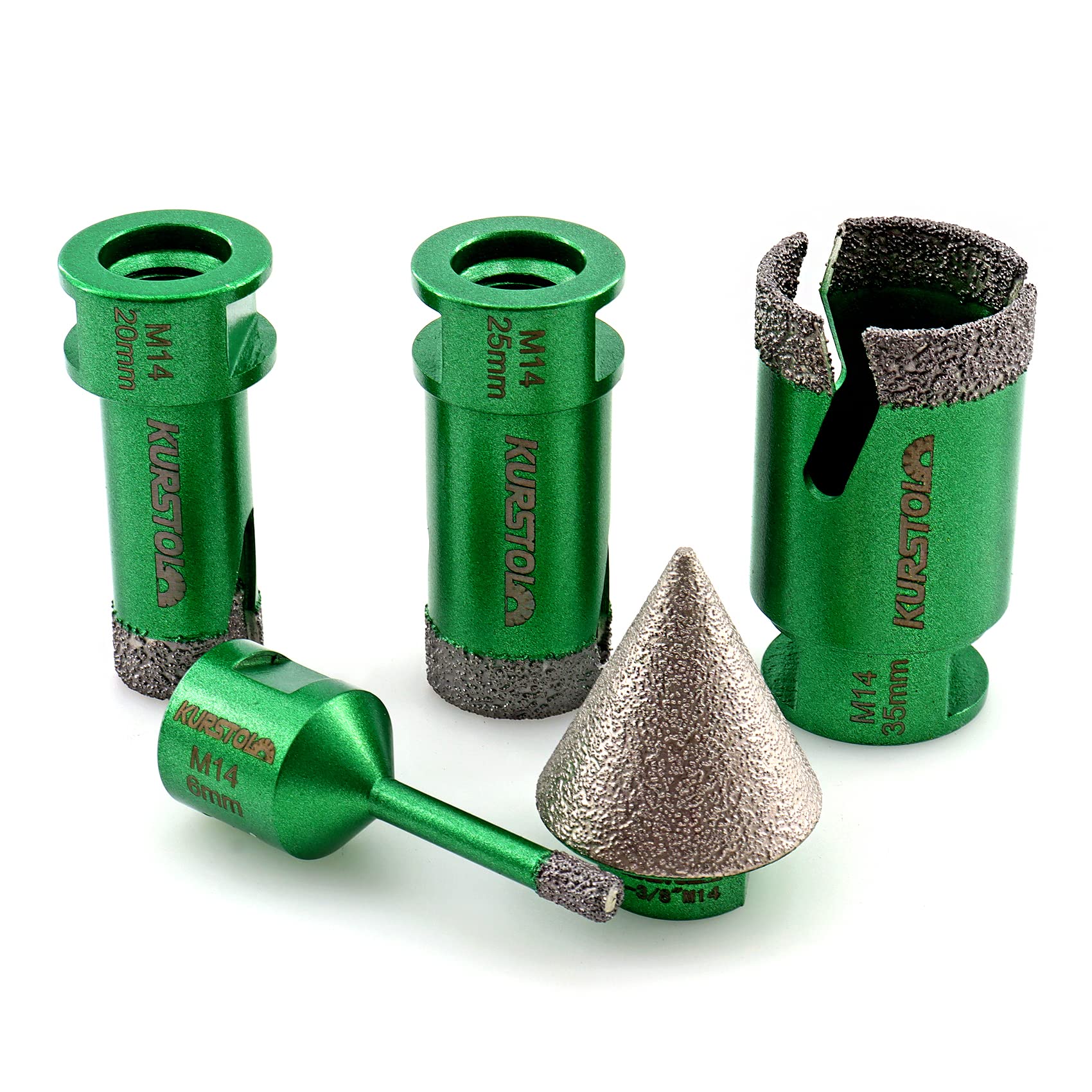 KURSTOL Tile Hole Saw Set - 4pcs Diamond Core Drill Bits 6/20/25/35mm 1pc Beveling Chamfer Bit 35mm M14 thread for Shaping Enlarging Porcelain Ceramic Tile Granite Marble Angle Grinder