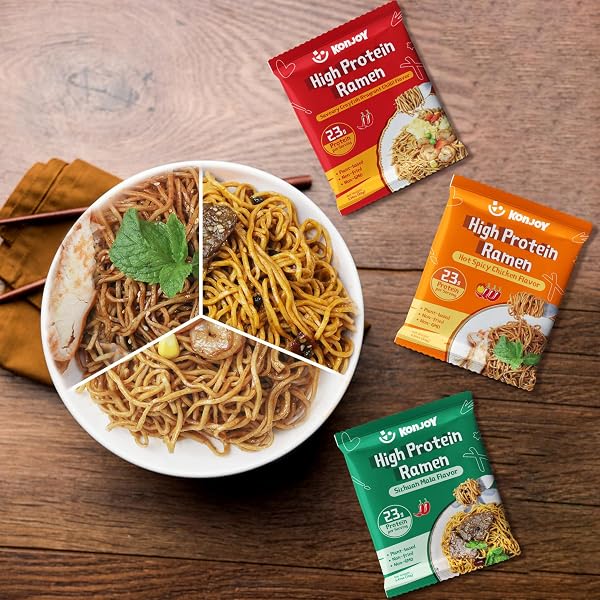 KONJOY PROTEIN RAMEN VARIETY PACK, 5-PACK HIGH PROTEIN RAMEN NOODLES(23G) WITH SAVORY CRAYFISH CHILI, SICHUAN MALA, HOT SPICY CHICKEN SAUCES – PLANT-BASED, NON-FRIED, LOW FAT, VEGAN HEALTHY MEAL