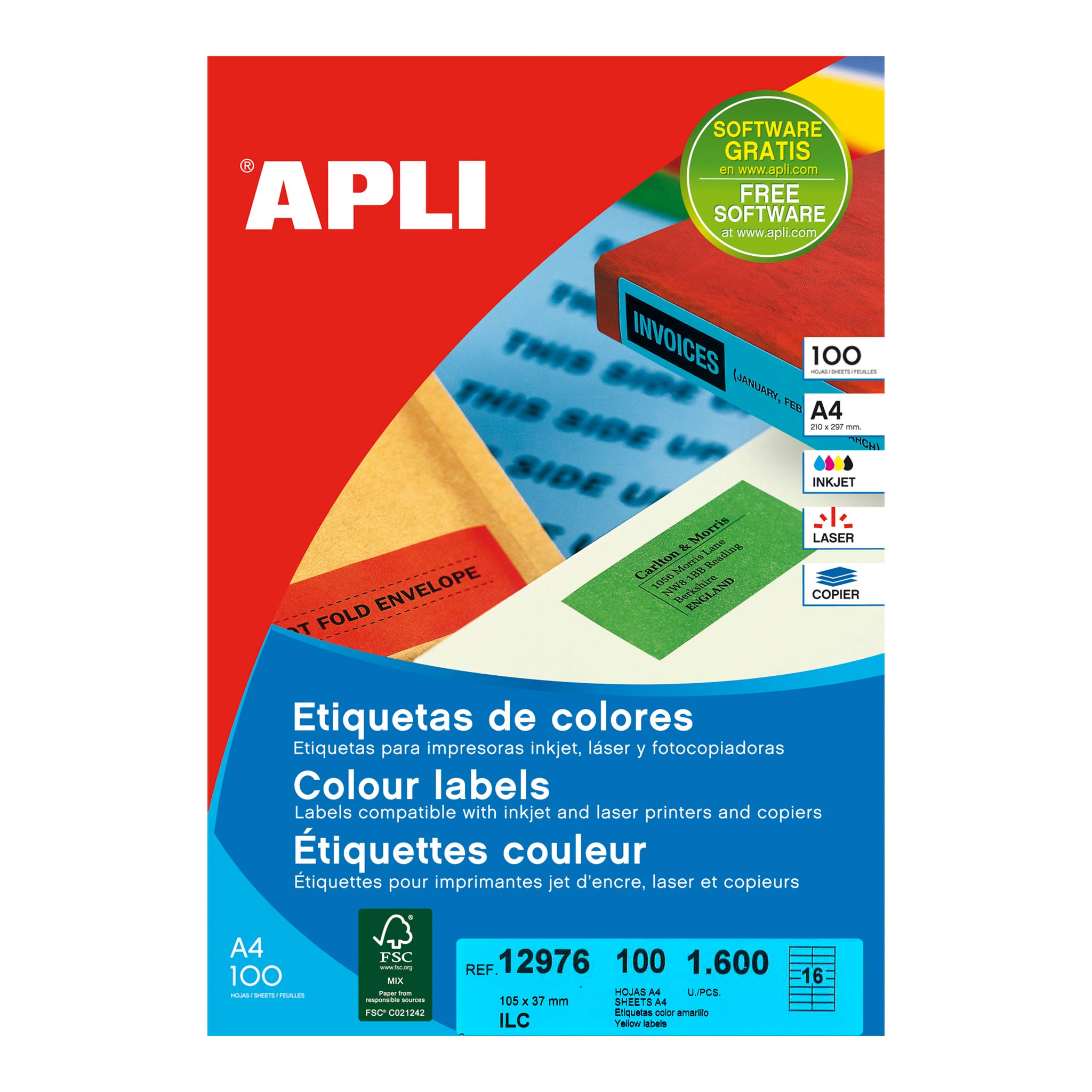 APLI 12976 - Permanent Yellow Labels 105 x 37mm 100 Sheets
