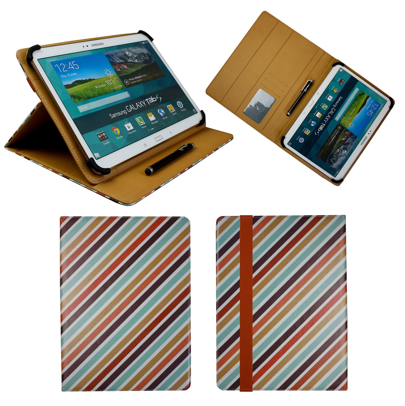 Emartbuy Universal 10-11.5 Inch Candy Stripes Multi Angle Folio Wallet Case Cover With Card Slots Orange Elastic Strap and Stylus Pen Compatible With Selected Devices Listed Below