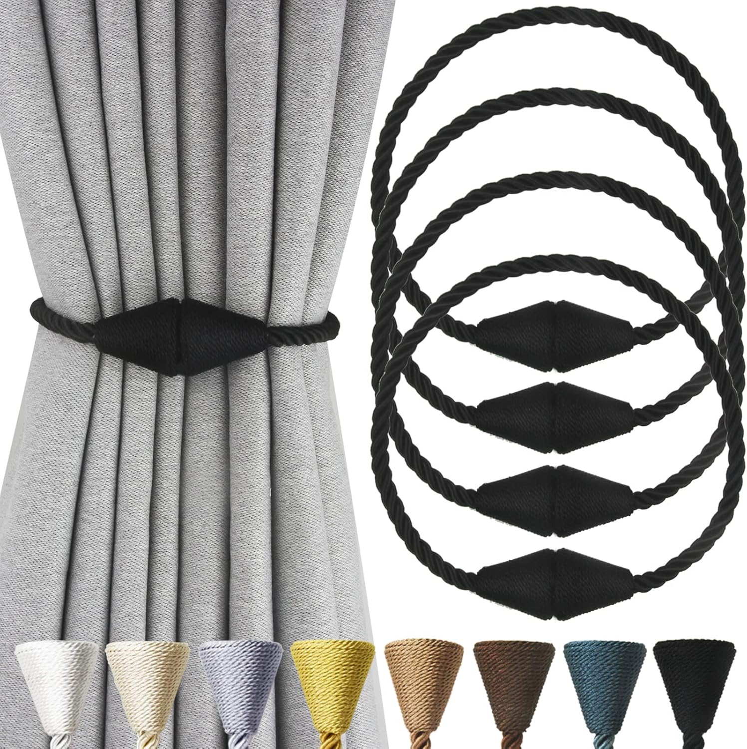 Window Treatment Hardware - Nieffeiy 4 Pack Magnetic Curtain Tiebacks Rope Modern Handmade Curtain Tie Backs Decorative Drapes Weave Holdbacks for Window Décor, Black