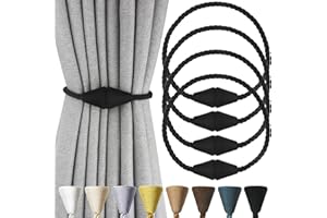 Nieffeiy 4 Pack Magnetic Curtain Tiebacks Rope Modern Handmade Curtain Tie Backs Decorative Drapes Weave Holdbacks for Window Décor, Black