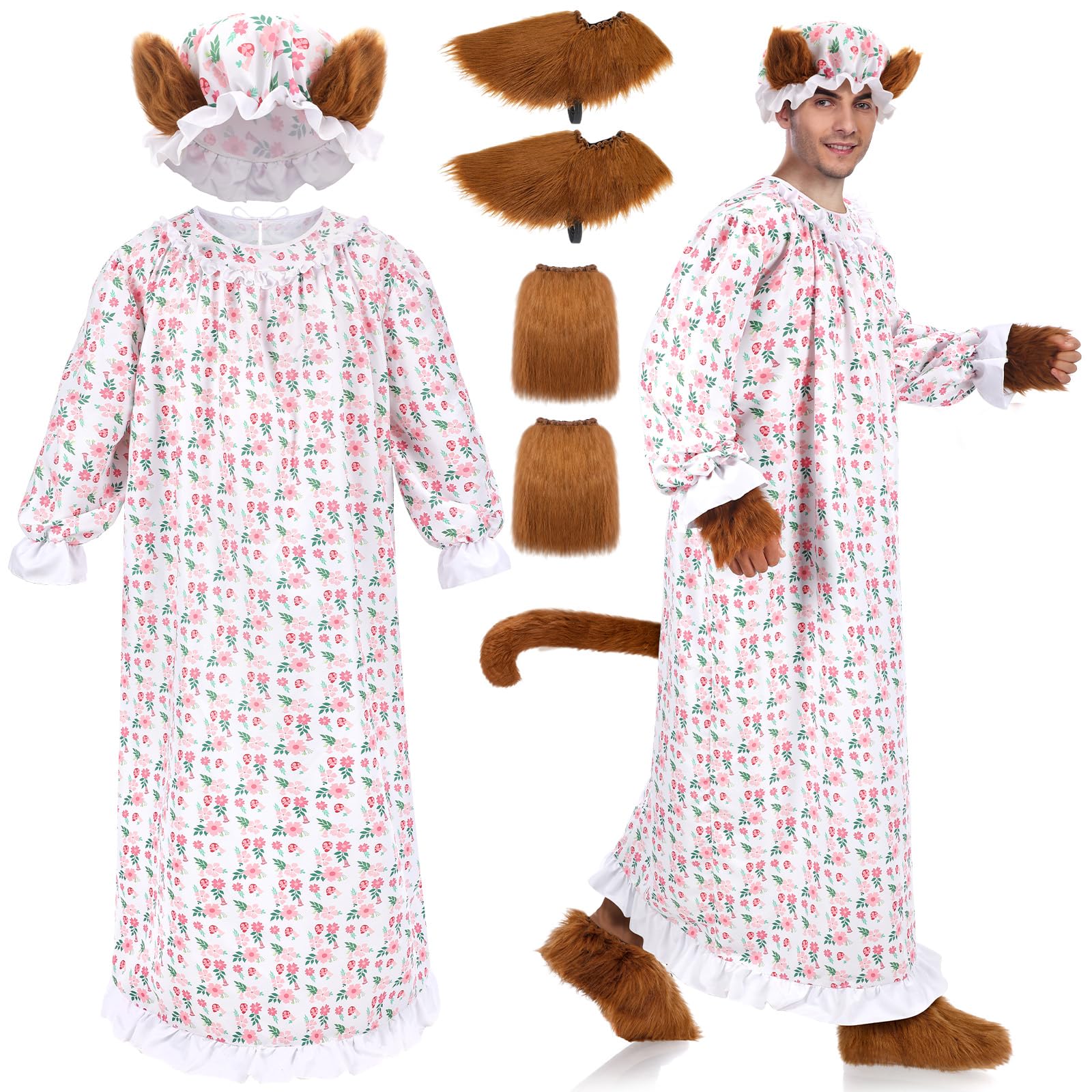 Photo 1 of Skicuff 4 Pcs Halloween Granny Wolf Costume Set of Floral Print Dress with Tail Wolf Claws Gloves Shoes Cover and Hat Fairy Tale Dressup for Adult Unisex Outfits Cosplay(White Pink)